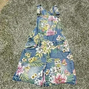 Gap Kids Overalls Youth Girls XL Blue Denim Jeans Floral Flowers Cutoff Shorts